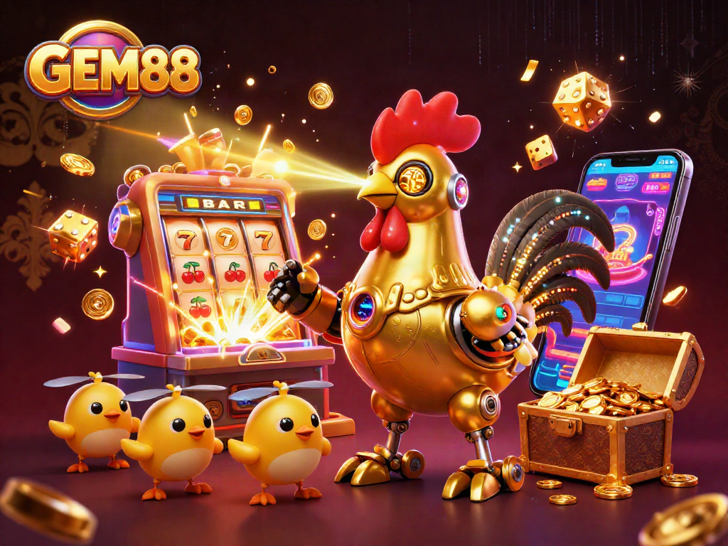 Engage with GEM88 in this vibrant 3D casino scene, featuring exciting slots and playful characters.