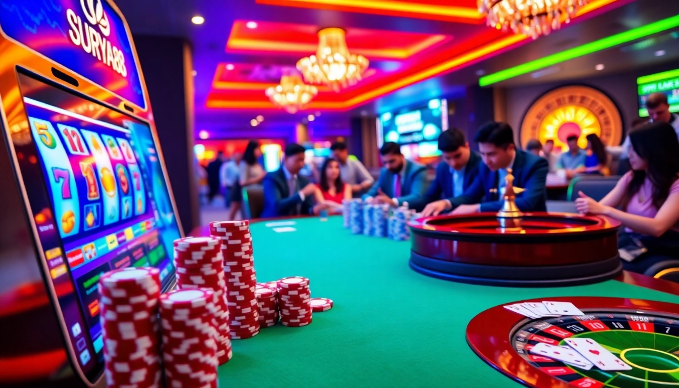 SURYA88 slot game interface with vibrant casino elements like poker chips and roulette, showcasing excitement.
