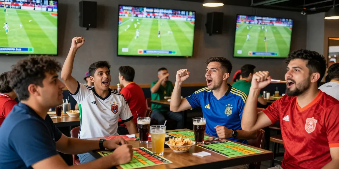 Excited fans betting on link bola at a lively sports bar during the 2026 World Cup match.