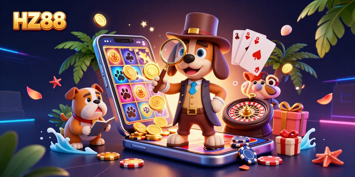 Engage in HZ88's vibrant gaming with a cartoon detective and his companion in a rich casino scene.