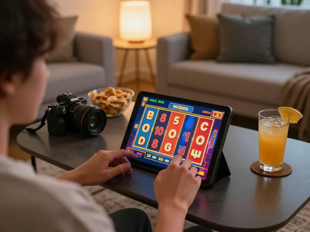 Pemain menikmati OKESLOT di tablet, menang di gulungan slot berwarna-warni di pengaturan rumah yang nyaman