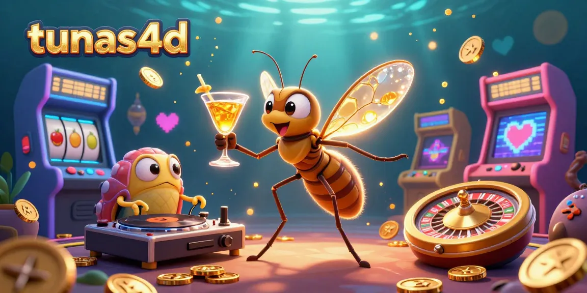 Engage with tunas4d's vibrant casino scene featuring a mosquito mascot, trilobite DJ, and roulette elements.