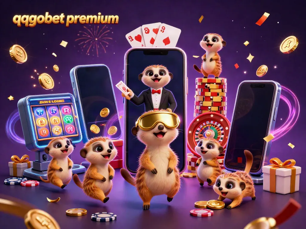 Meerkats in a vibrant casino scene celebrating on qqgobetpremium, showcasing exciting gaming elements.