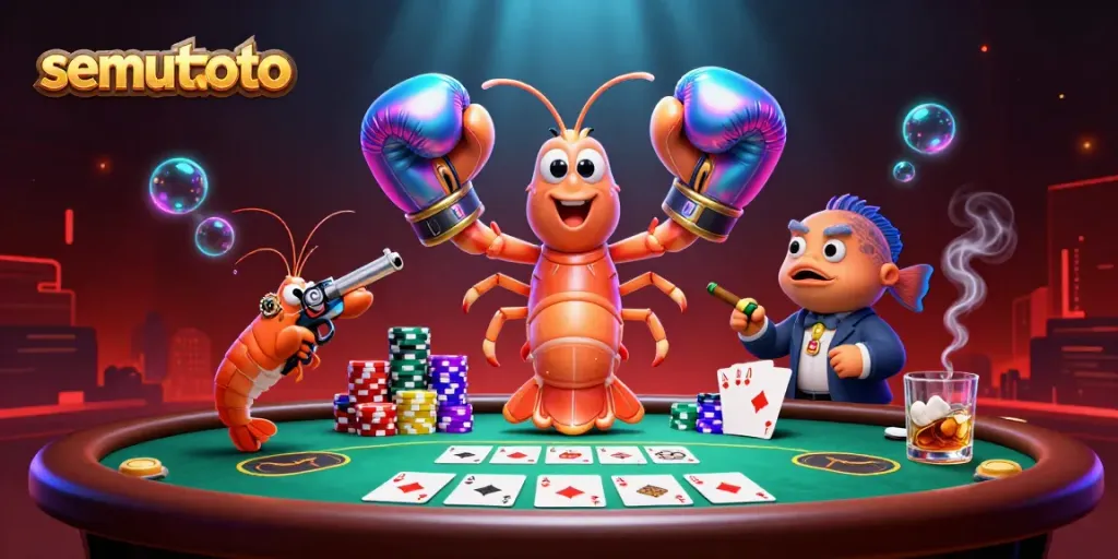Semuttoto menampilkan gambaran layar pertarungan kartu poker yang dinamis dengan karakter udang mantis.