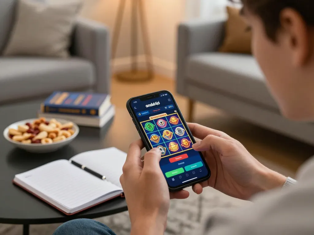 Pemain menikmati aplikasi kasino ondel4d di smartphone dalam suasana ruang tamu yang nyaman
