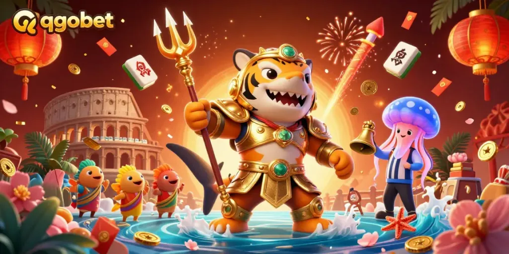 Engage in thrilling action at qqgobet with a vibrant underwater casino scene featuring a tiger shark in armor.
