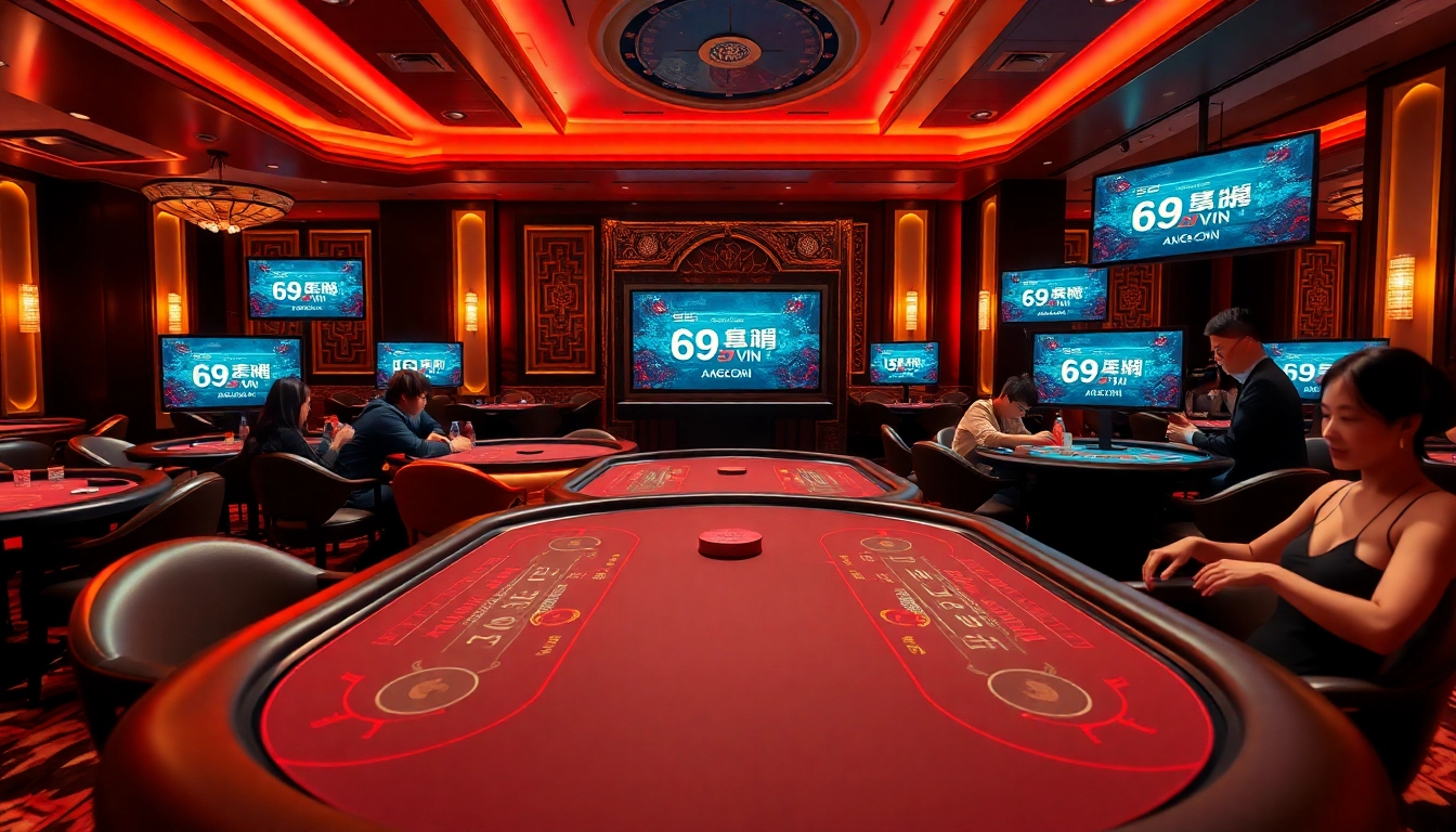 Vibrant online casino scene with Trang Chủ 69VN showcased on gaming tables and excited players.