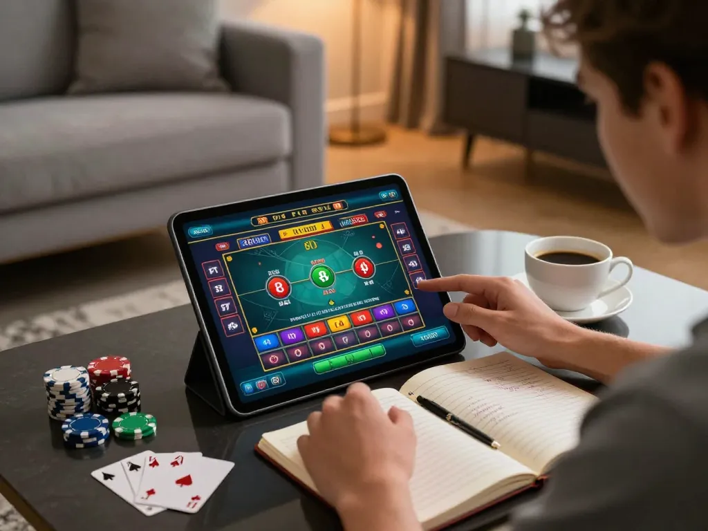 Player engaging with lc88 online casino on tablet in a cozy living room setting, showcasing strategic gameplay.