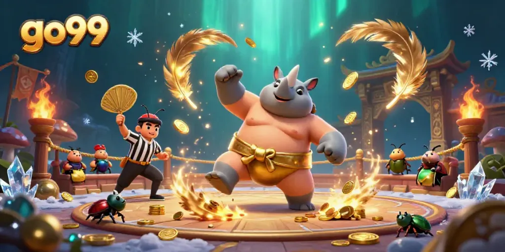 Experience the thrill of go99 with a dynamic beetle sumo champion, coins flying in a vibrant casino arena.