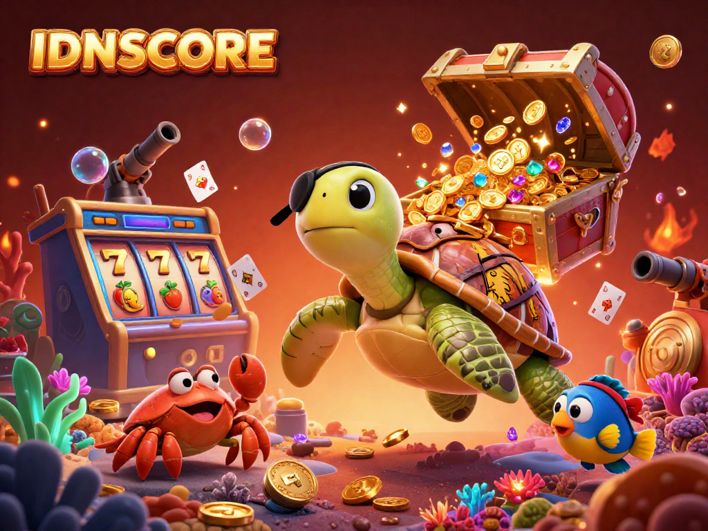 Experience the thrilling world of IDNSCORE with vibrant scenes of slot games and underwater treasures.