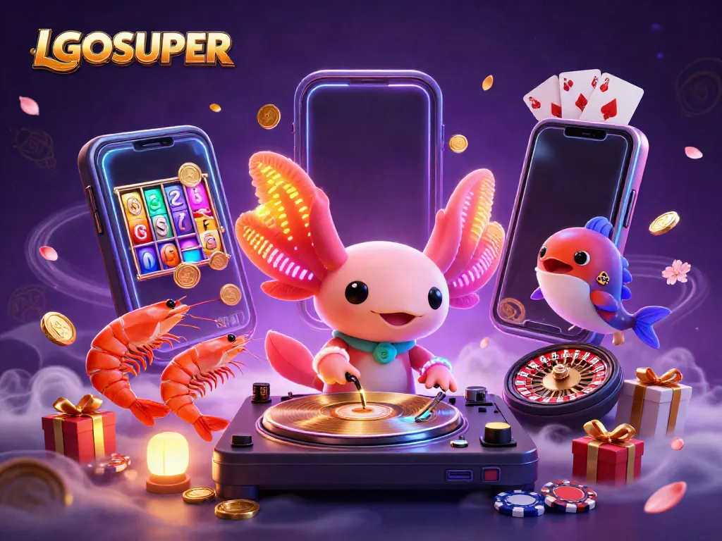 Experience the excitement of LGOSUPER with vibrant casino elements in this 3D digital illustration.
