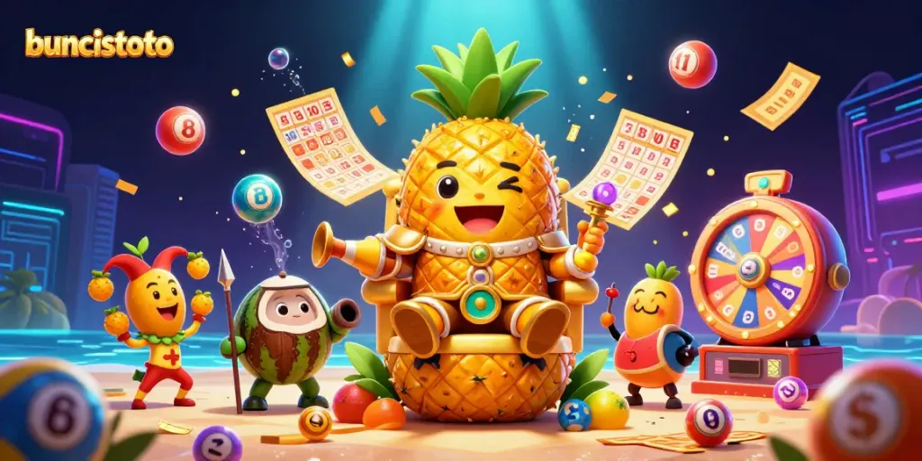 Gambarkan Buncistoto dengan simbol lotere dan tuan rumah meriah di kasino digital.