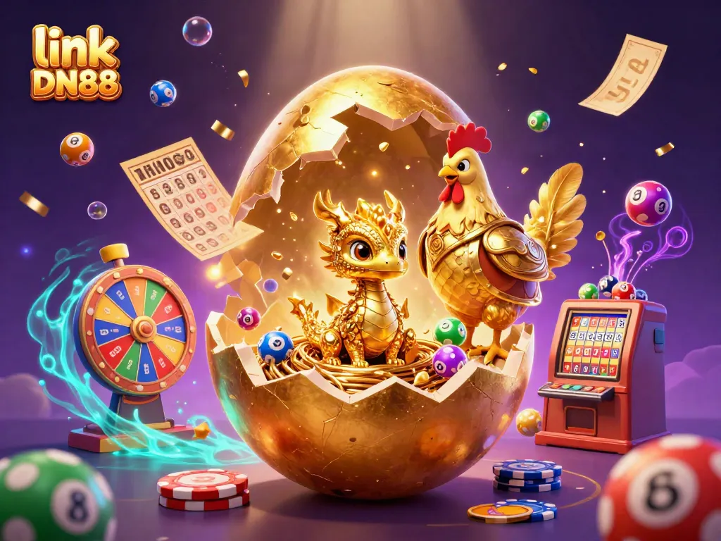 Engage in gaming excitement with link DN88 showcasing a golden dragon amidst colorful lottery elements.