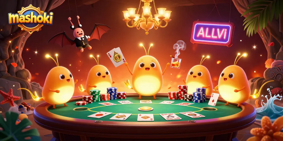Experience mashoki's illuminated cave casino with vibrant glowworms and poker elements.