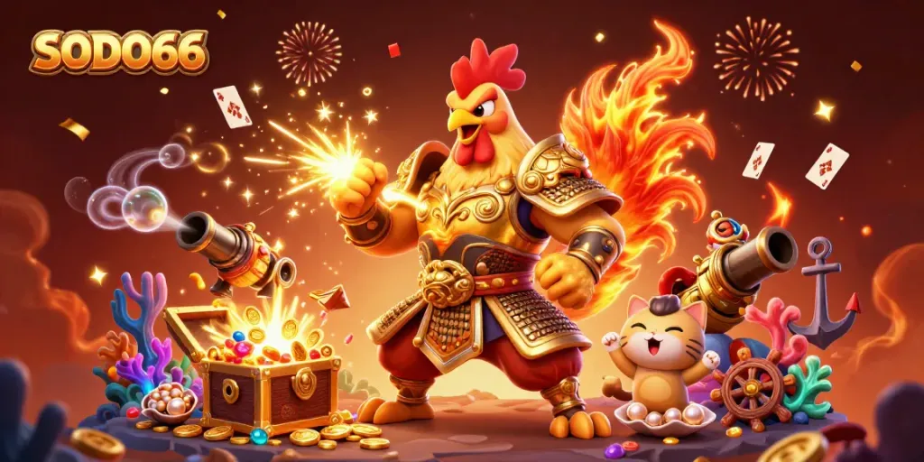 SODO66 showcases a powerful rooster warrior alongside a dragon hatchling amidst a treasure explosion, emphasizing an exciting gaming atmosphere.