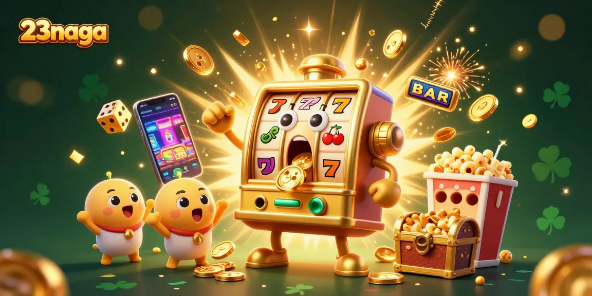 Visualisasi seru 23naga dengan mesin slot emas menang jackpot dan karakter kartun gembira lainnya.