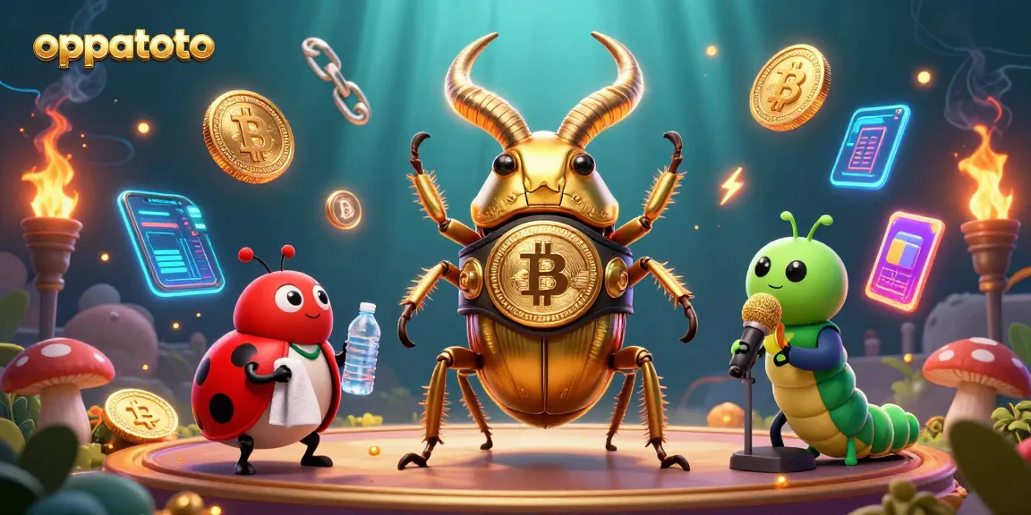 Experience the thrill of oppatoto with a dynamic crypto casino showdown illustration, featuring colorful characters.