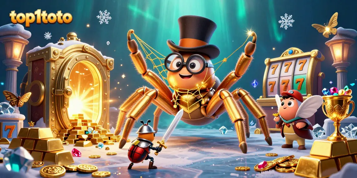 Engage with top1toto's thrilling casino world featuring a golden tarantula, beetle knight, and dynamic slot reels.