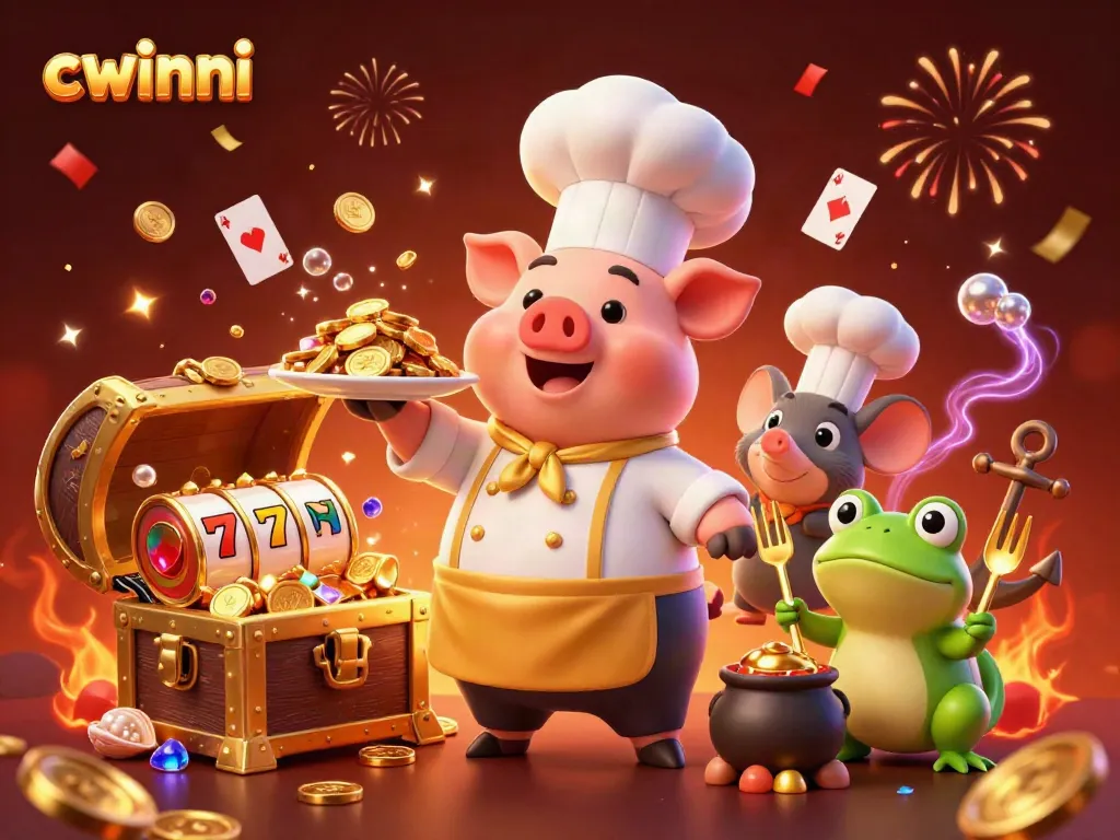 Experience the excitement of cwinni with vibrant characters, gold coins, and festive visuals in a rich casino scene.