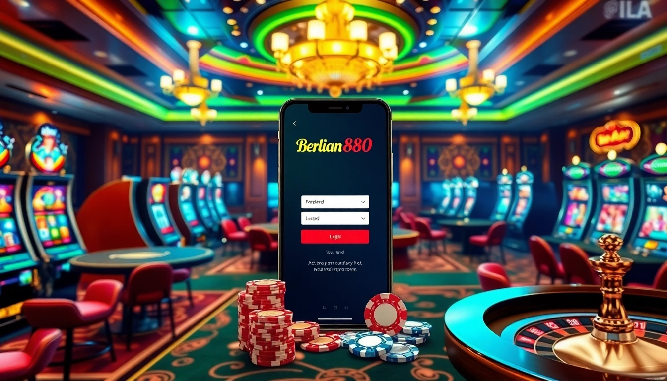Experience the excitement of berlian888 login with vibrant casino visuals showcasing slot machines and poker tables.