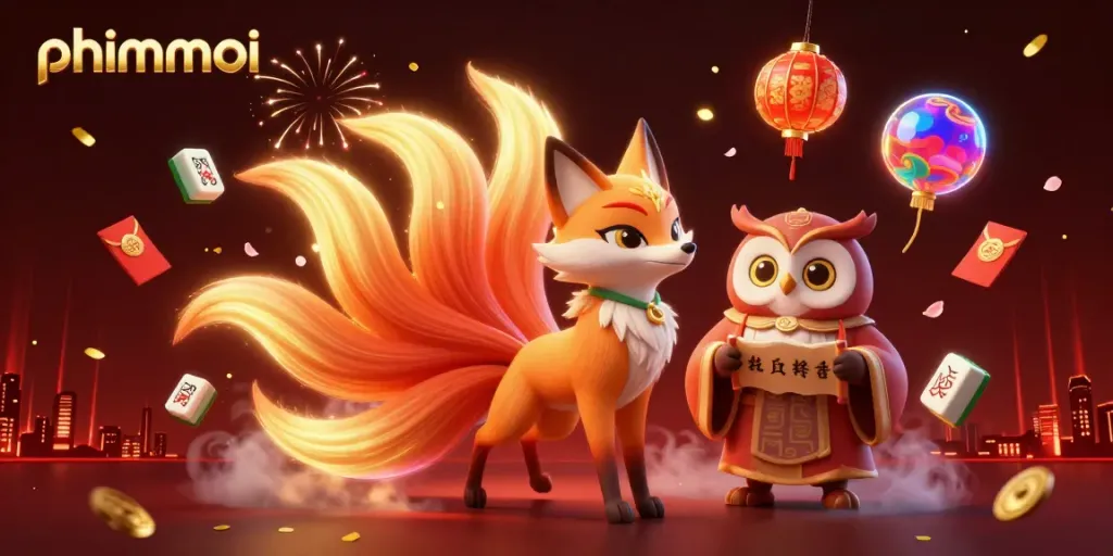 Engage with the vibrant phimmoi casino illustration featuring the nine-tailed fox and wise owl in an enchanting scene.