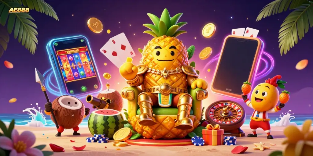Experience the vibrant AE888 casino world with a golden pineapple king and engaging game elements.
