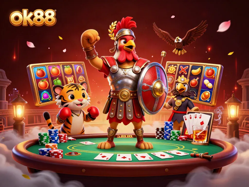 Experience thrilling gameplay at ok88 with a gladiator rooster and tiger cub in a dynamic casino setting.