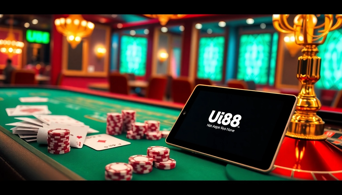 U88 gamblers celebrating a winning moment at a luxurious casino table with chips and cards.