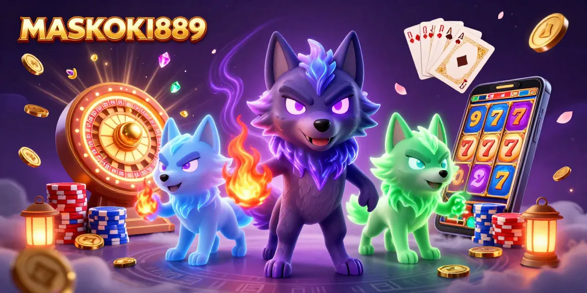 Experience thrilling gameplay with MASKOKI889 amidst swirling casino elements and ghostly wolves.