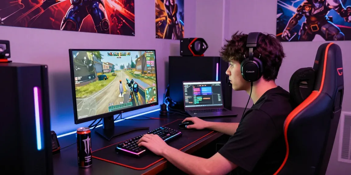 Seorang pemain esports fokus pada permainan sniperslot di ruang gaming modern dengan aksesoris gaming lengkap.