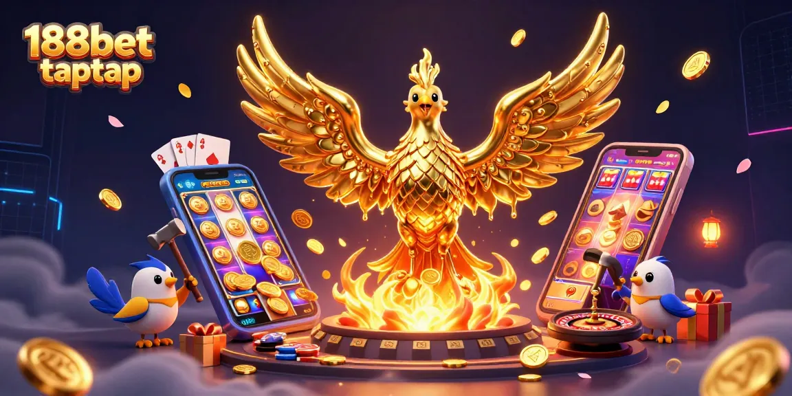 Taruhan olahraga di 188bet taptap dengan ilustrasi 3D yang menampilkan phoenix emas dan elemen kasino.