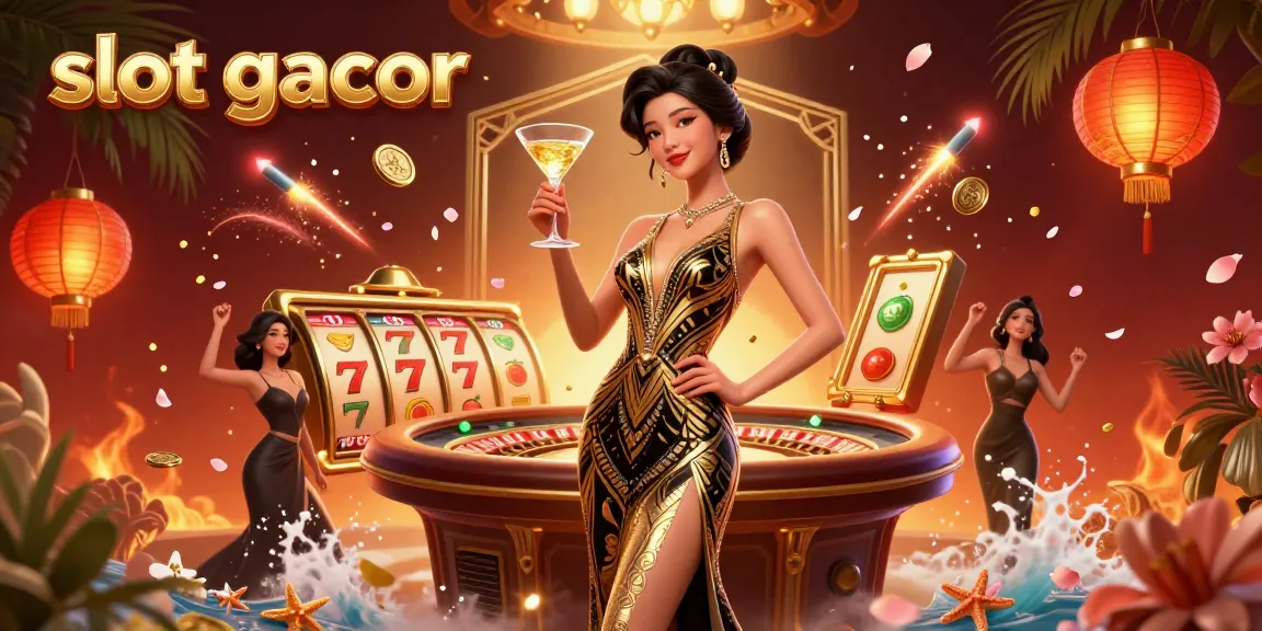 Experience the thrill of slot gacor with glamorous visuals of a casino, including vibrant slot reels and festive elements.