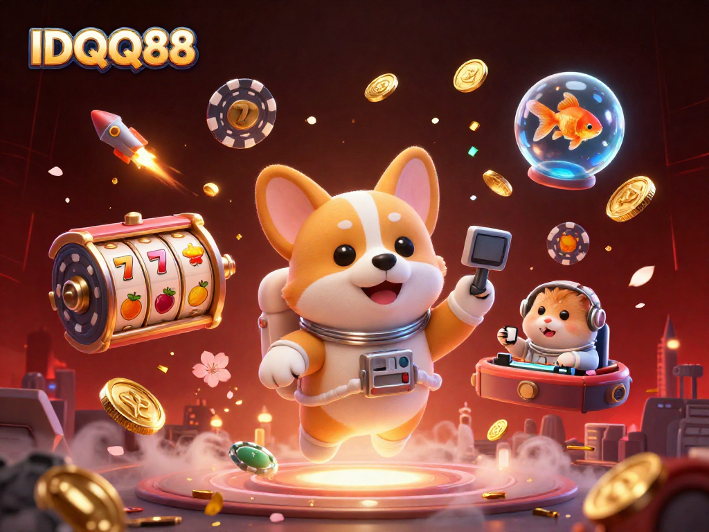 Engage with IDQQ88's thrilling space casino featuring a corgi astronaut, vibrant slot reels, and dynamic action.