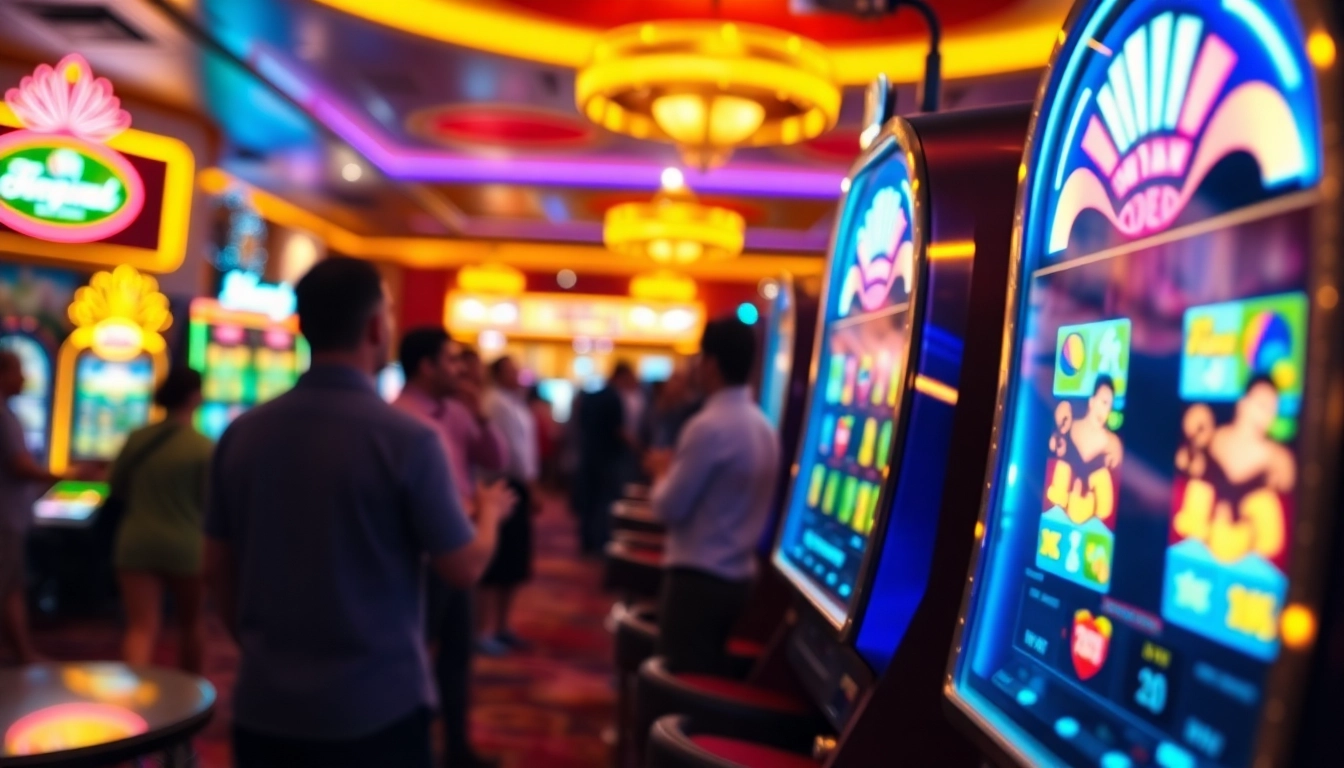 Engaging slot machine in a lively casino setting, enticing players with bright visuals.