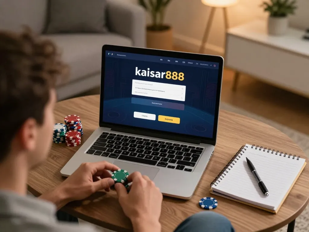 Engaging kaisar888 login scene on a laptop, showcasing an inviting poker game atmosphere.