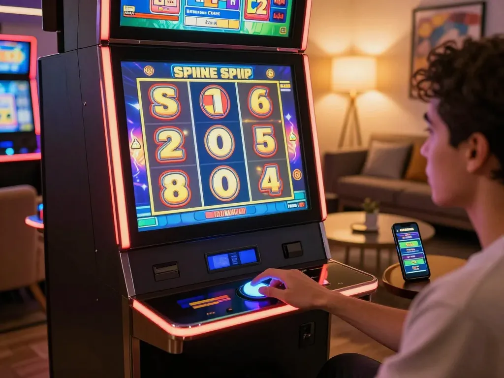 Engaging scene of a player spinning Slot Online machine in a lively home gaming setup, showcasing excitement and strategy.