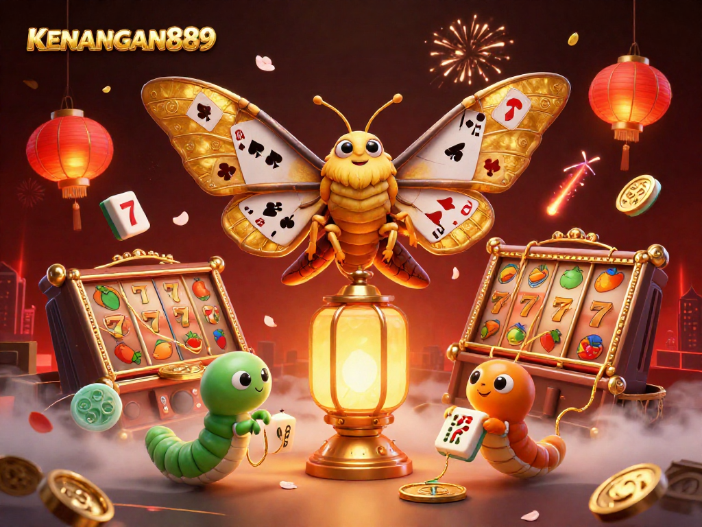 Experience the excitement of KENANGAN889 with vibrant casino elements and a magical moth amidst action.