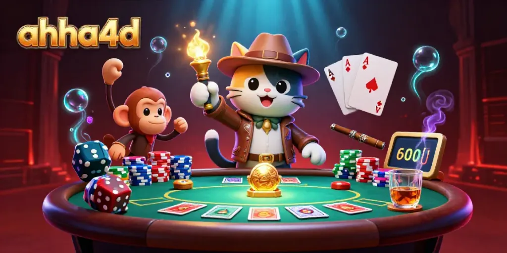 Gambarkan pengalaman bermain di ahha4d dengan penjelajahan artefak kasino yang menampilkan kartu poker dan koin emas.