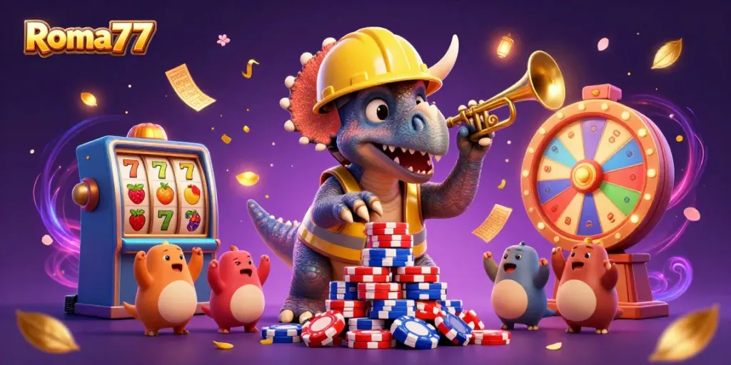 Experience the thrill of Roma77 with colorful slot reels and celebrated characters in an engaging, festive casino scene.