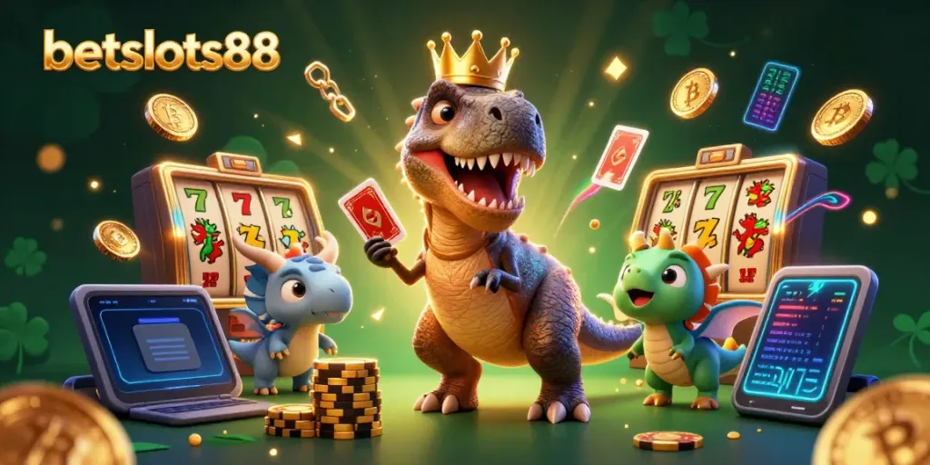 Menangkan permainan slot di betslots88 dengan karakter kartun dinosaur yang lucu dan simbol jackpot.
