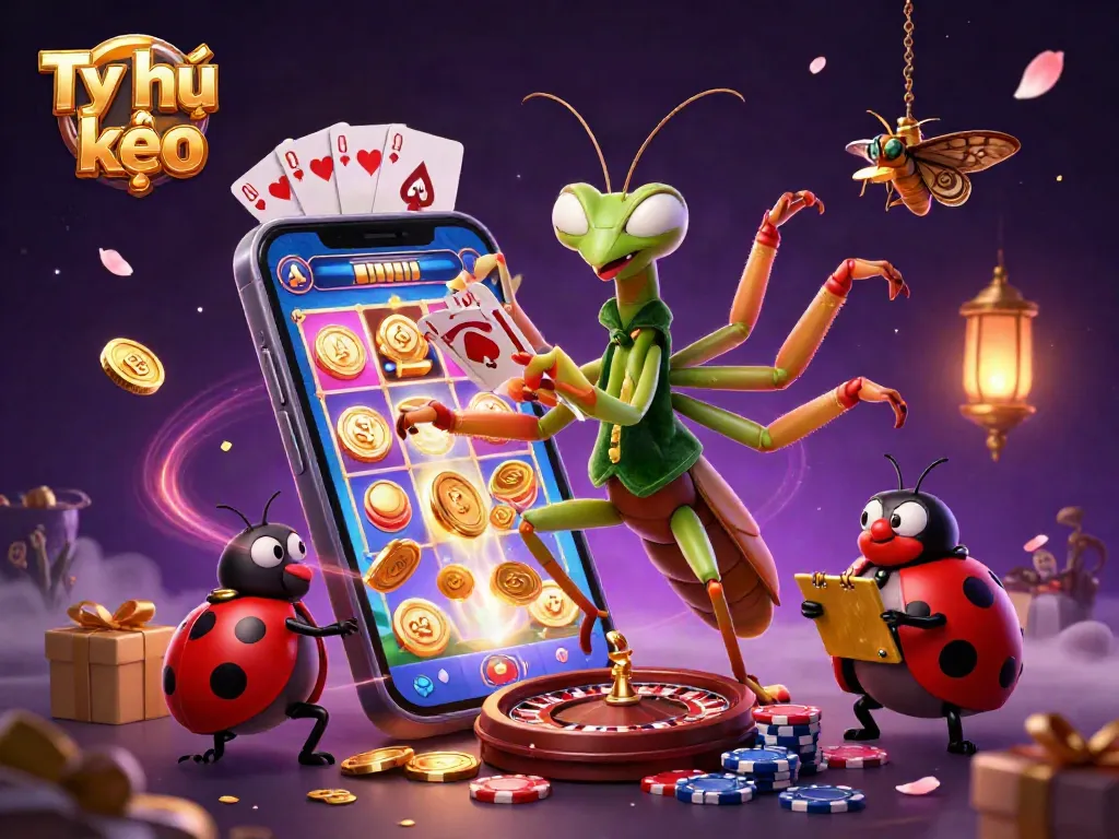 Engaging scene showcasing Tỷ lệ kèo casino action with a giant praying mantis dealing cards and vibrant slot elements.