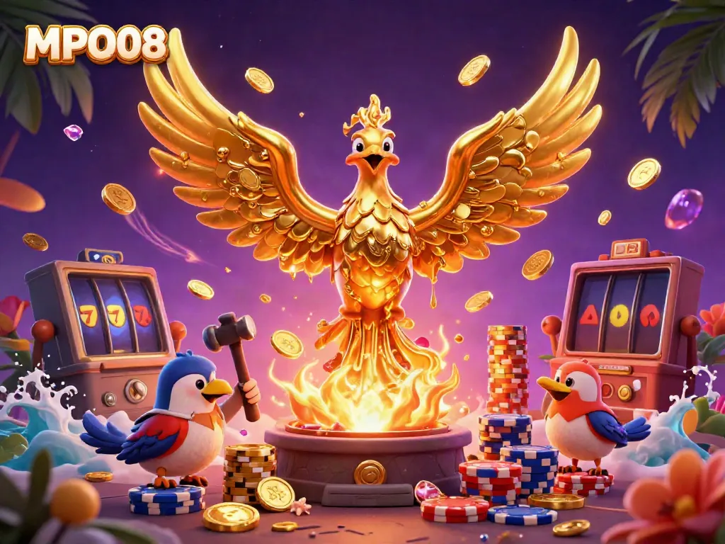 Experience the thrill of MPO08 with a vivid golden phoenix amidst dynamic casino elements.