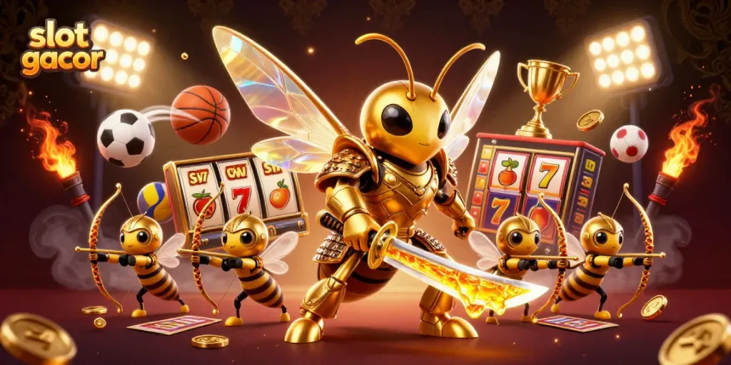 Menangkan slot gacor dengan pemandangan dinamis karakter hornet emas dan elemen kasino berkilau.