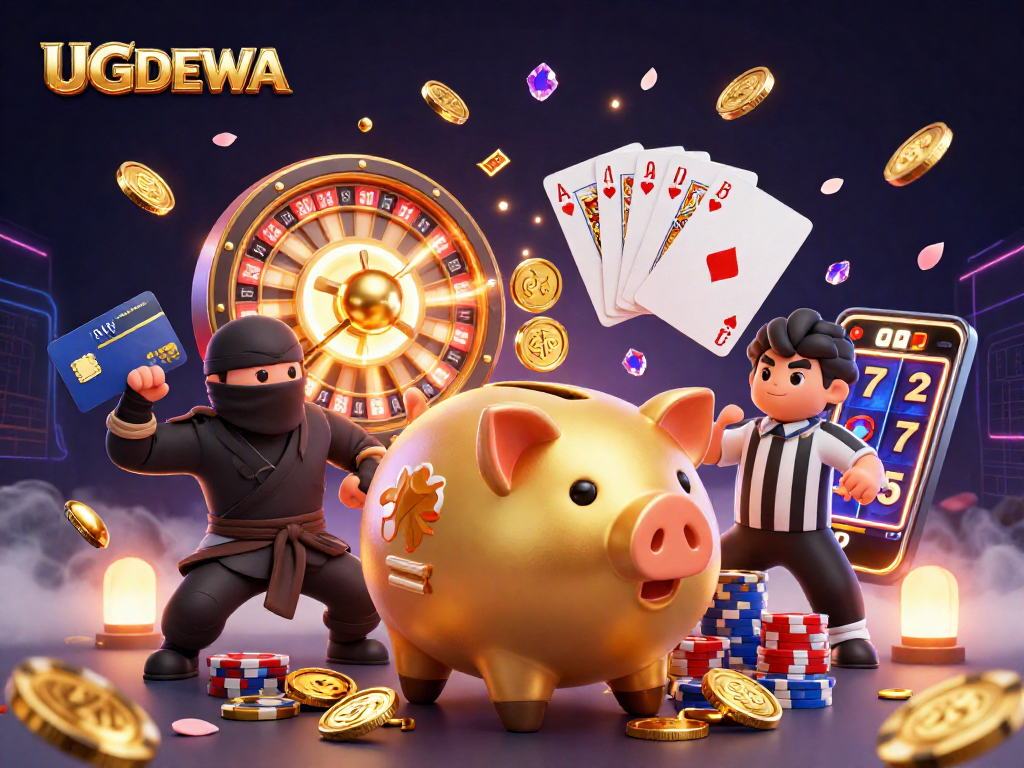 UGDEWA reveals action with golden coins cascading from a piggy bank sumo wrestler during an exciting gameplay.