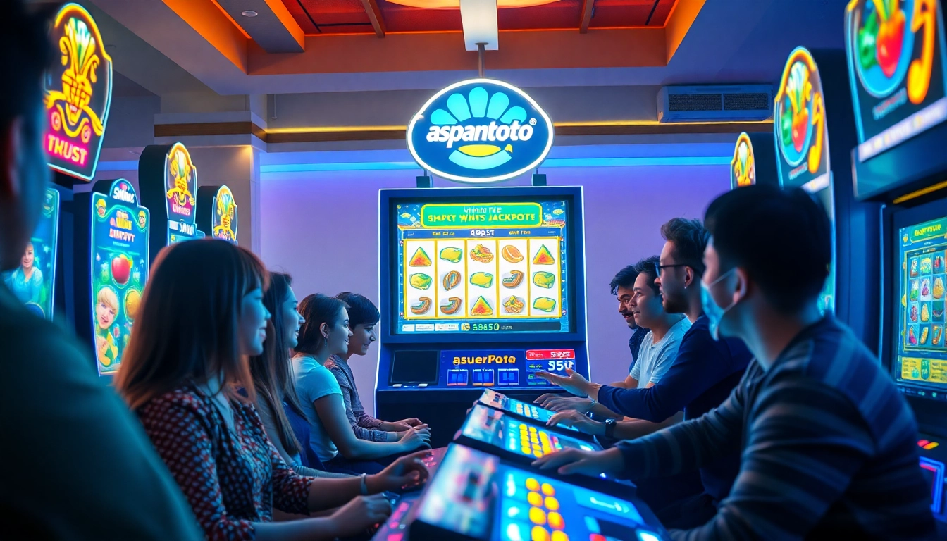 Excited players enjoying the asupantoto online gaming experience with vibrant slot game visuals.
