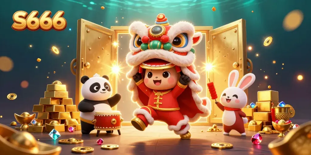 S666 engaging players with vibrant treasure vault scene featuring a lion dance, drumming panda, and firecracker rabbit.
