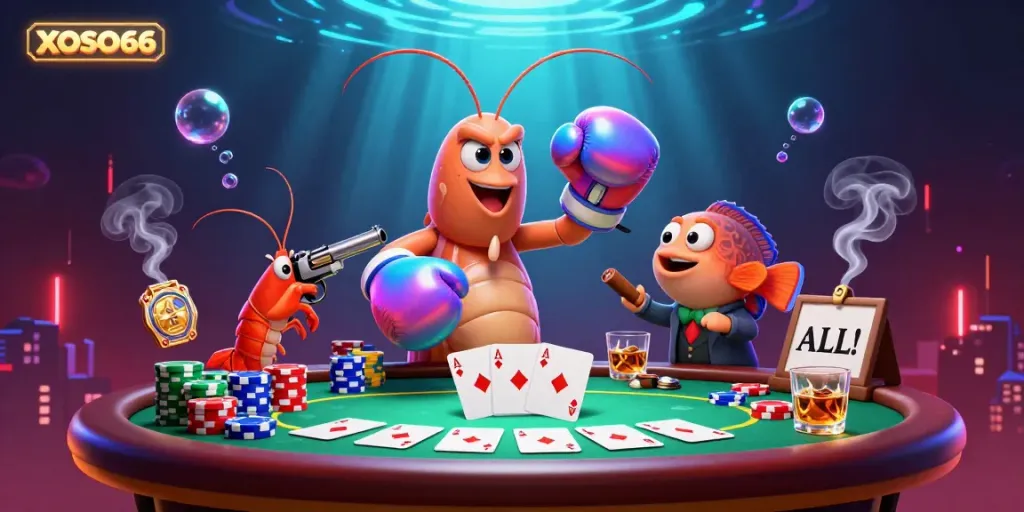 Engage with the vibrant XOSO66 casino scene featuring animated mantis shrimp and poker elements.