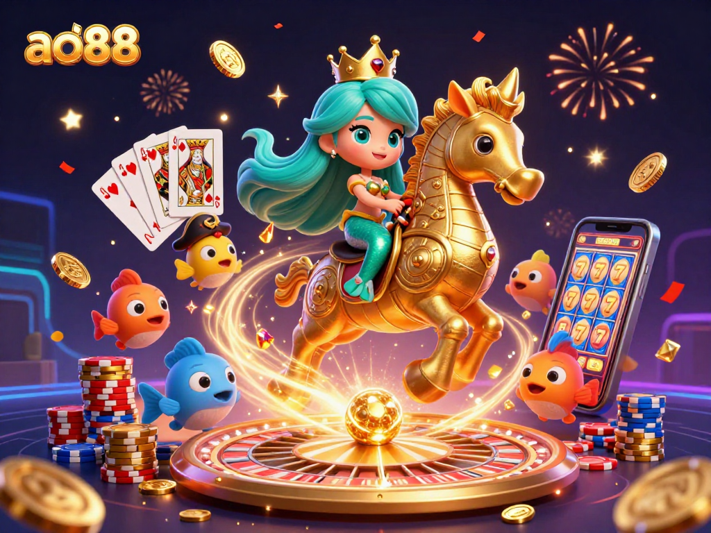 Experience thrilling gaming adventures at ao88 with a vibrant underwater scene of a mermaid and seahorse.