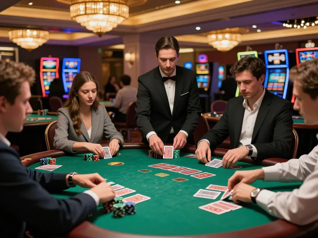 Pemain terlibat dalam permainan strategis di meja blackjack alexis500 alternatif di suasana kasino yang ramai.