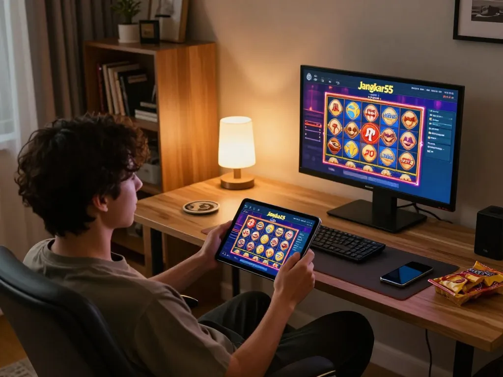 Engaging with the jangkar55 app on a tablet in a cozy home gaming setup.